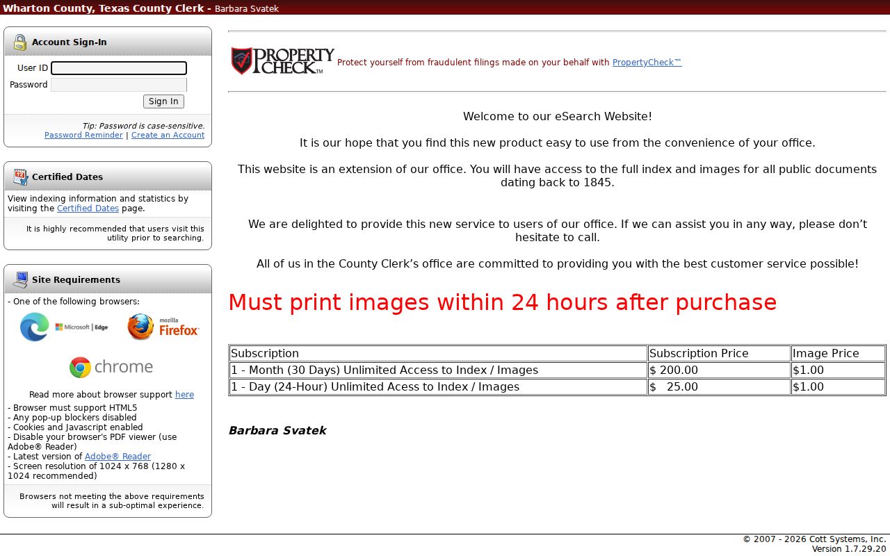 Wharton County court docket iDocket login screen
