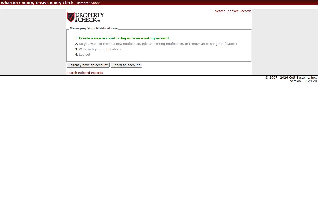 Wharton County court docket search landing page