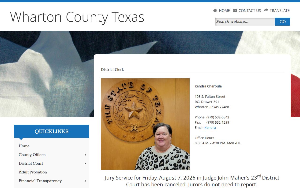 Wharton County District Clerk court docket records page